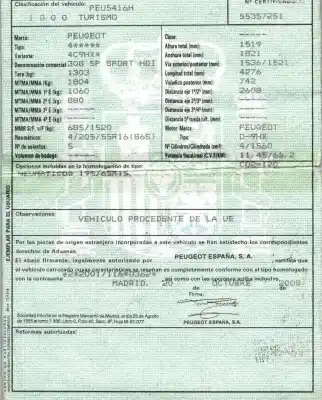 Veicolo di demolizione peugeot 308 1.6 16v hdi dell'anno 2008 alimentato 9h02