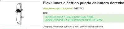 Автозапчастина б/у регулятор переднього правого скла для renault modus / grand modus (f/jp0_) 1.6 (jp03, jp0b, jp0u, jp0y, jp1g) посилання на oem iam 8200277578 115628 5662702 8200748375