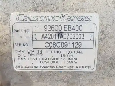 Second-hand car spare part air conditioning compressor for nissan navara pick-up (d40m) 2.5 dci diesel cat oem iam references 92600eb400  92600eb400