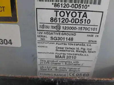 Pièce détachée automobile d'occasion système audio / radiocd pour toyota yaris (_p9_) 1.33 vvt-i (nsp90_) références oem iam 861200d510  
