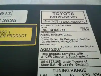 Peça sobressalente para automóvel em segunda mão sistema de áudio / rádio cd por toyota auris (e15) 1zr referências oem iam 8612002520  