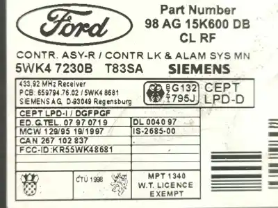 Peça sobressalente para automóvel em segunda mão módulo eletrônico por ford focus i (daw, dbw) 2.0 16v referências oem iam 98ag15k600db  
