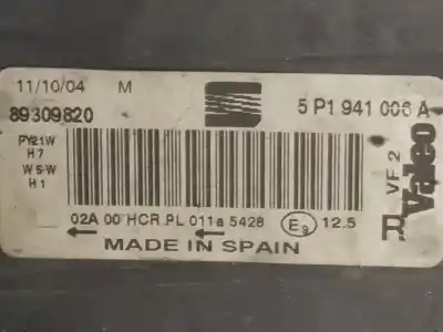 Second-hand car spare part right headlight for seat toledo (5p2) exclusive oem iam references 5p1941006a  89309820