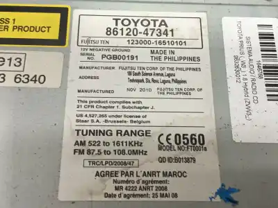 Second-hand car spare part audio system / radio cd for toyota prius (_w3_) 1.8 hybrid (zvw3_) oem iam references 12300016510101 pgb00191 8612047341