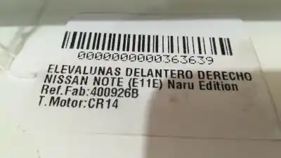 Second-hand car spare part passenger side right window regulator for nissan note (e11e) naru edition 88 cv / 65 kw oem iam references 400926b  