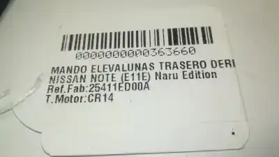 Peça sobressalente para automóvel em segunda mão botão / interruptor elevador vidro traseiro direito por nissan note (e11e) naru edition 88 cv / 65 kw referências oem iam 25411ed00a  