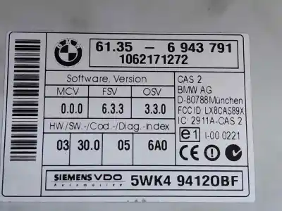 Second-hand car spare part electronic module for bmw 3 touring (e91) 320 d oem iam references 6943791  estantería 88