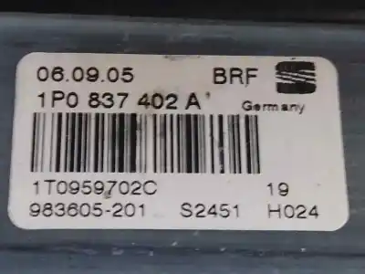 Second-hand car spare part passenger side right window regulator for seat leon (1p1) 2.0 tdi 16v oem iam references 1p0837402a