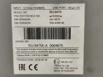 Автозапчастина б/у аудіо система / радіо cd для citroen jumpy iii furgoneta (v_) 1.6 bluehdi 115 посилання на oem iam ru9475ea  