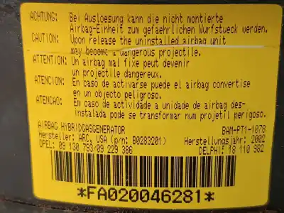 Автозапчастина б/у передня ліва подушка безопасности для opel corsa c comfort посилання на oem iam 09130793 18110982 09229386