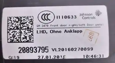 Автозапчастина б/у оббірка передніх дверей ліва для opel zafira tourer c (p12) 1.6 cdti (75) посилання на oem iam 20893795  