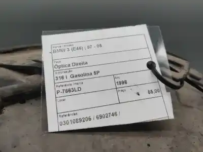 Second-hand car spare part right headlight for bmw 3 (e46) 316 i oem iam references 0301089206  