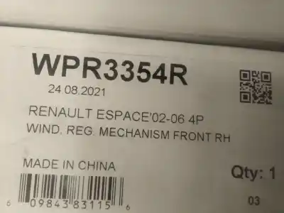 Second-hand car spare part passenger side right window regulator for renault espace iv (jk0) grand espace dynamique 181 cv / 133 kw oem iam references wpr3354r  