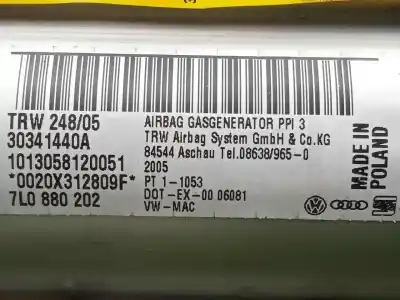 Автозапчастина б/у передня права подушка безопасности для volkswagen touareg (7la, 7l6, 7l7) 2.5 r5 tdi посилання на oem iam 7l0880202 - 30341440a   Автозапчастина б/у передня права подушка безопасности для volkswagen touareg (7la, 7l6, 7l7) 2.5 r5 tdi посилання на oem iam 7l0880202 - 30341440a