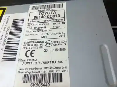 Second-hand car spare part audio system / radio cd for toyota yaris (ksp9/scp9/nlp9) 1.4 turbodiesel cat oem iam references 861400d010  1350007621c101