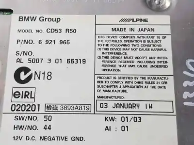 Second-hand car spare part audio system / radio cd for mini mini (r50,r53) cooper oem iam references 6921965  cd53r50
