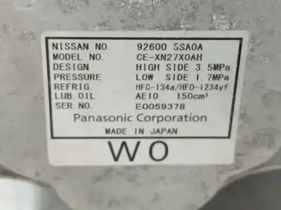 Peça sobressalente para automóvel em segunda mão compressor de ar condicionado a/a a/c por nissan leaf 2 zero edition referências oem iam 926005sa0a  cexn27x0ah