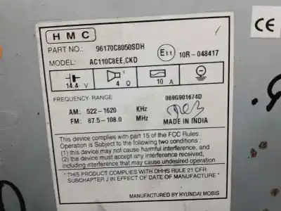 İkinci el araba yedek parçası SES SISTEMI / RADYO CD için HYUNDAI I20 COUPE  OEM IAM referansları 96170C8050SDH  AC110C8EE