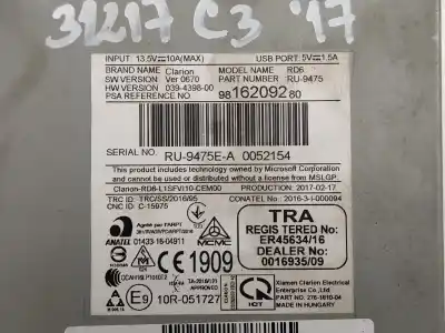 Tweedehands auto-onderdeel audiosysteem / radio-cd voor citroen c3 / c3 origin iii (sx) 1.2 vti 82 oem iam-referenties 9816209280 0052154 ru9475ea