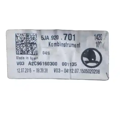 Second-hand car spare part dashboard for skoda rapid (nh3, nk3, nk6) 1.6 tdi oem iam references 5ja920800c   Second-hand car spare part dashboard for skoda rapid (nh3, nk3, nk6) 1.6 tdi oem iam references 5ja920800c