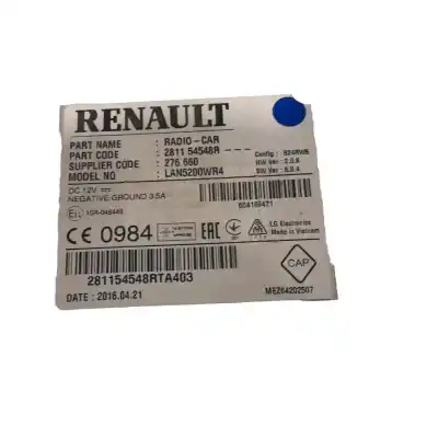 Second-hand car spare part audio system / radio cd for renault captur i (j5_, h5_) 1.5 dci 90 oem iam references 281154548r  