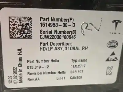Peça sobressalente para automóvel em segunda mão farol / farolim direito por tesla model 3 rwd  referências oem iam 151495300d  