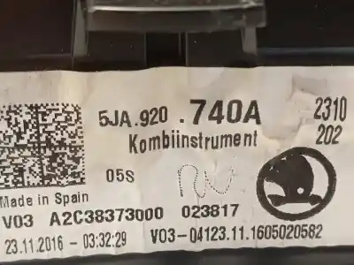 Автозапчастина б/у панель інструментів для skoda rapid (nh3, nk3, nk6) 1.2 tsi посилання на oem iam 5ja920740a a2c38373000 