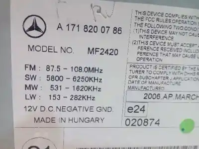 Second-hand car spare part audio system / radio cd for mercedes-benz clase slk (w171) roadster slk 200 kompressor oem iam references a1718200786  
