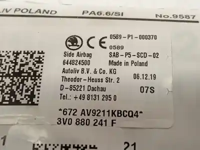 Second-hand car spare part front left side airbag for seat ateca (kh7, khp) 1.0 tsi oem iam references 3v0880241f  