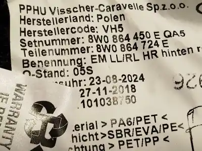 Pièce détachée automobile d'occasion tapis pour audi a4 b9 avant (8w5, 8wd) 30 tdi mild hybrid références oem iam 8w1863691b  8w1863691bqa5