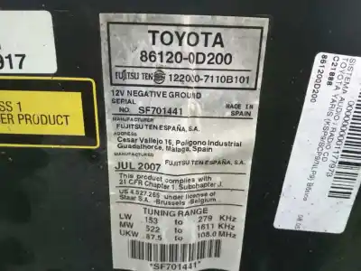 Автозапчастина б/у аудіо система / радіо cd для toyota yaris (ksp9/scp9/nlp9) básico посилання на oem iam 861200d200  1220007110b101