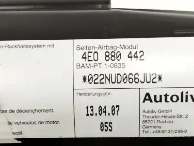 Автозапчасти б/у подушка безопасности задняя правая за audi a8 (4e2) 3.0 v6 24v tdi ссылки oem iam 4e0880442  