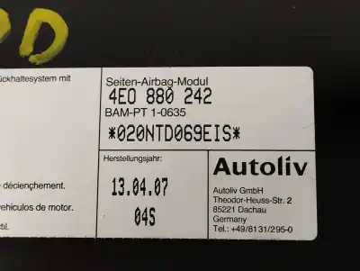 Автозапчастина б/у передня права бічна подушка безпеки для audi a8 (4e2) 3.0 v6 24v tdi посилання на oem iam 4e0880242  