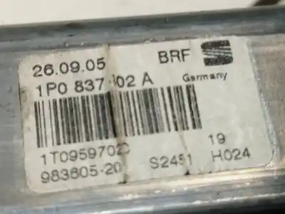 Second-hand car spare part passenger side right window regulator for seat leon (1p1) reference oem iam references 1p0837402a  