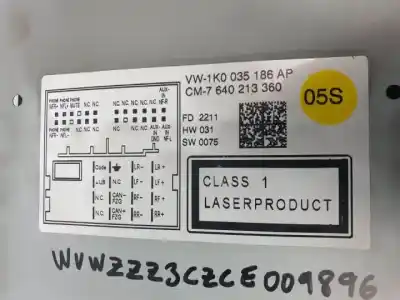 Second-hand car spare part audio system / radio cd for volkswagen passat variant (365) cffb oem iam references 1k0035186ap  