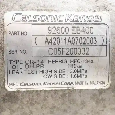 Second-hand car spare part air conditioning compressor for nissan navara pick-up (d40m) yd25ddti oem iam references 92600eb400  