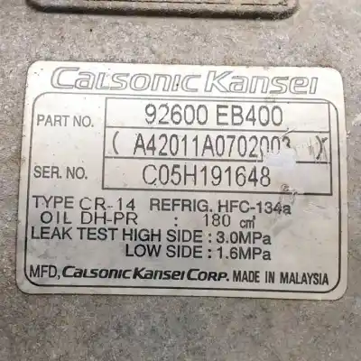 Second-hand car spare part air conditioning compressor for nissan navara pick-up (d40m) yd25ddti oem iam references 92600eb400  