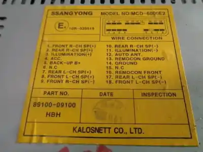 Pièce détachée automobile d'occasion système audio / radiocd pour ssangyong kyron 200 xdi limited références oem iam 8910009100  