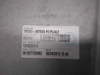 Second-hand car spare part passenger side right window regulator for volkswagen caddy ka/kb (2c) 1.6 tdi oem iam references 2k1837752kb2  