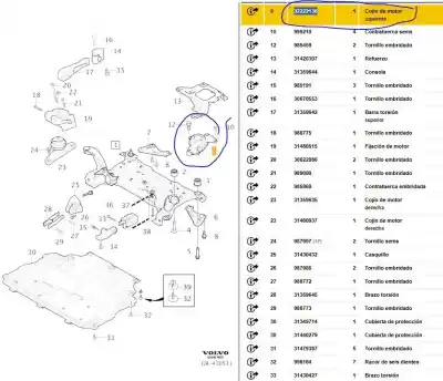 Second-hand car spare part engine support for volvo v40 fastback (525) d3 oem iam references 32222136  32222136