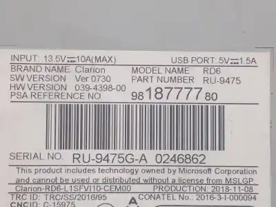 Автозапчасти б/у аудиосистема / радио cd за citroen jumpy furgón (v_) 1.6 bluehdi 115 ссылки oem iam 9818777780  